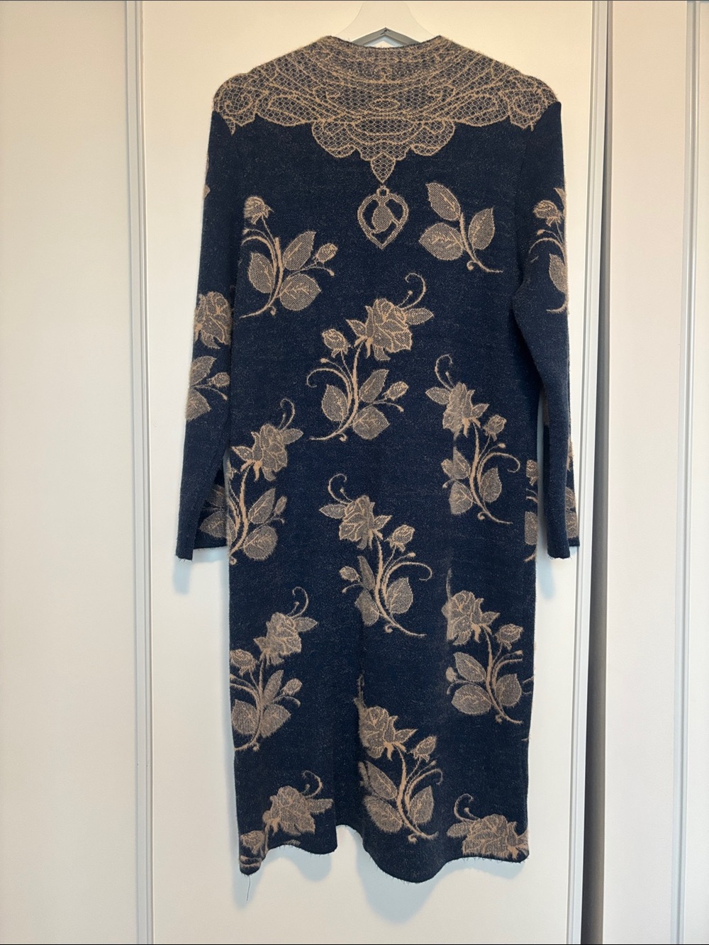 Floral Knit Long Sleeve Midi Dress - Navy and Beige